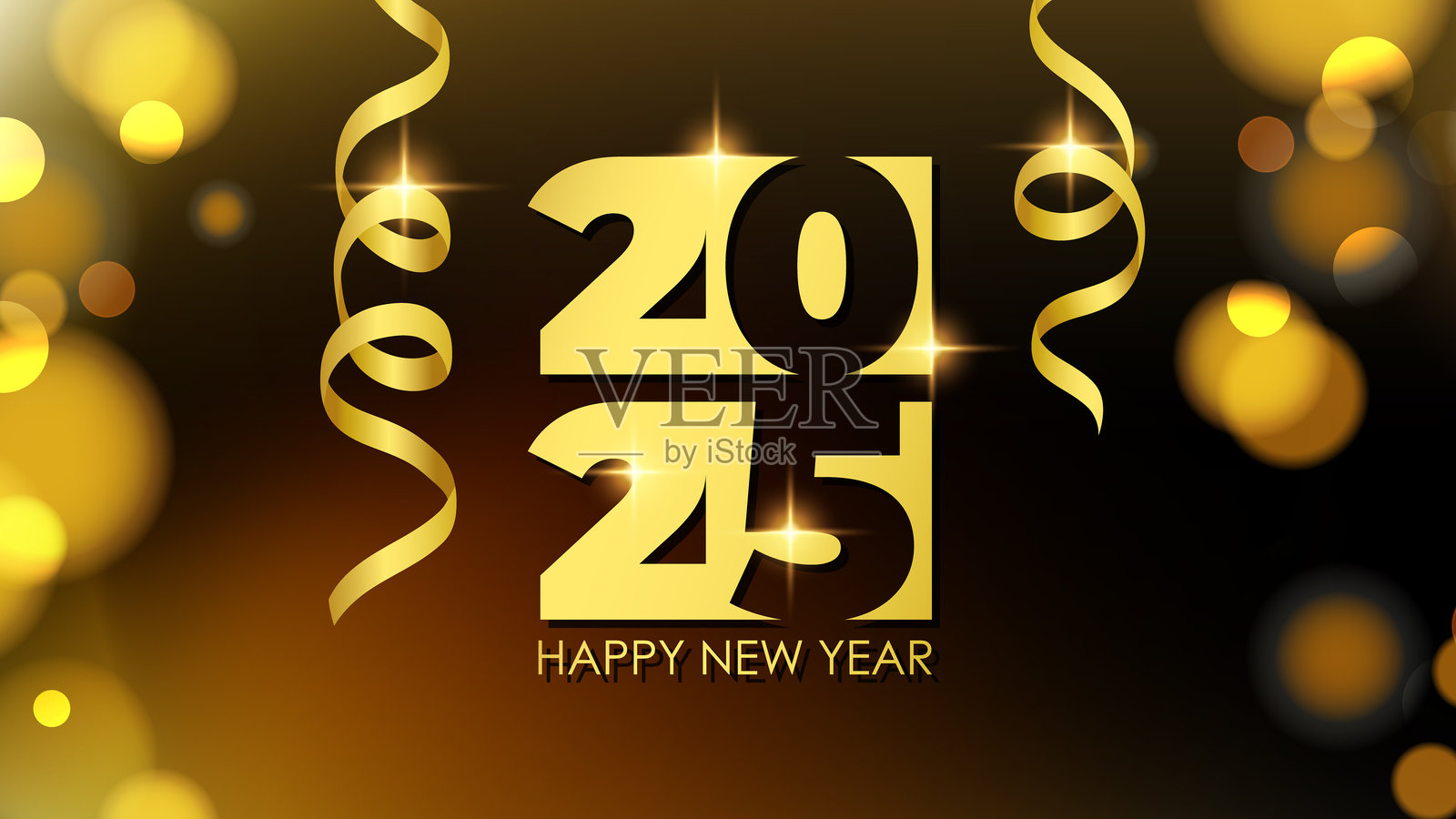 2025新年快乐庆祝横幅。螺旋彩带。明亮的模糊散景灯光。插画图片素材