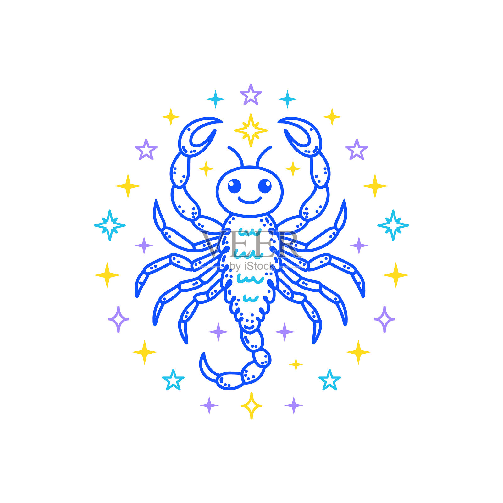 白色背景上以柔和色彩绘制的天蝎座星座涂鸦风格，适合儿童装饰。插画图片素材