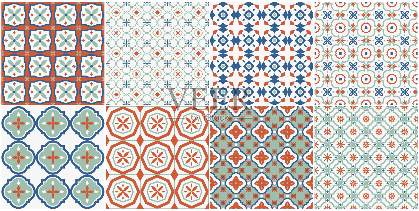 无缝几何马赛克图案集合 - 时尚色彩瓷砖纹理。装饰性明亮的 ornamental 背景。可重复的矢量印刷。插画图片素材