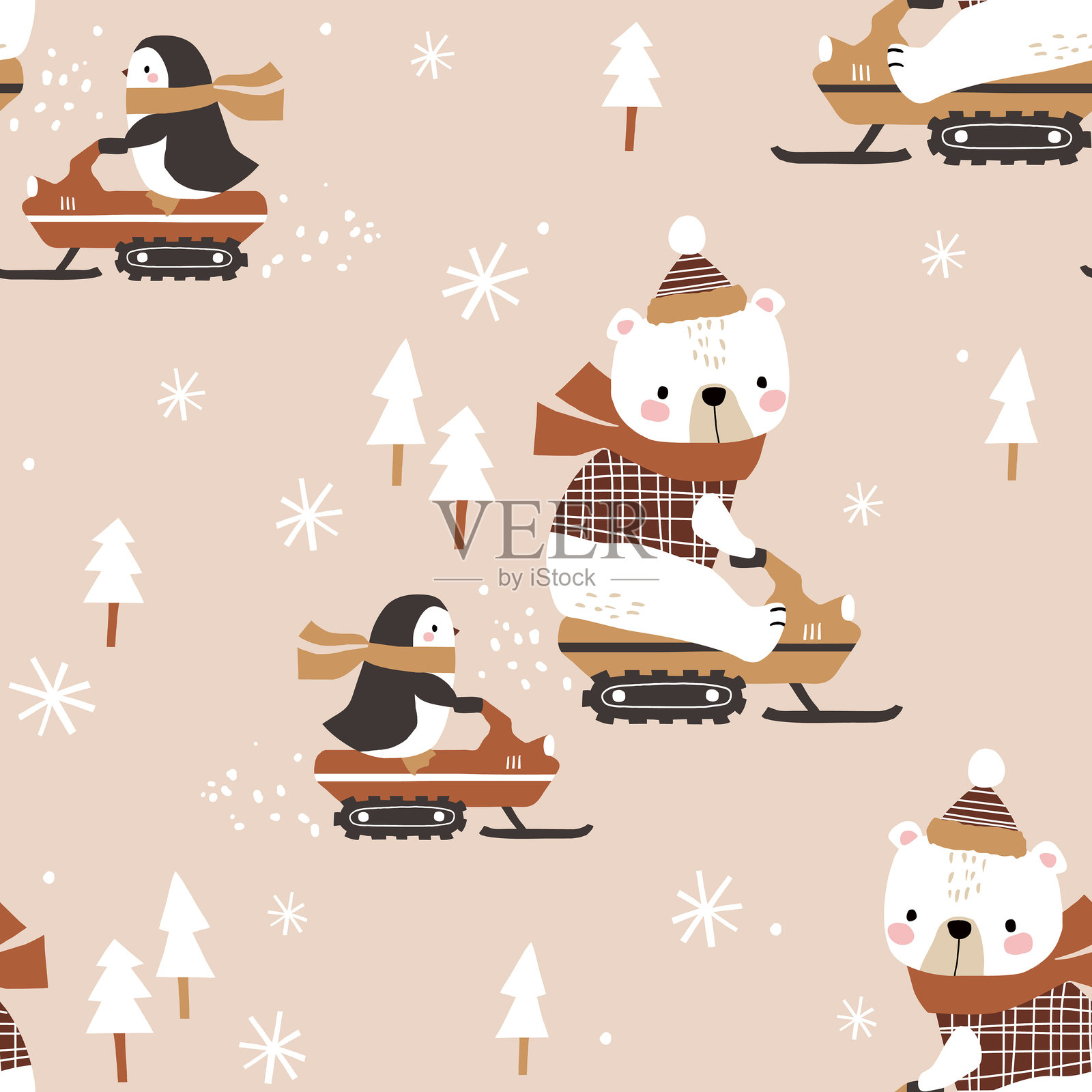 无缝矢量图案，包含可爱的手绘北极熊和企鹅在雪地摩托上。非常适合纺织品、壁纸或婴儿房印刷设计。EPS 10矢量文件。插画图片素材