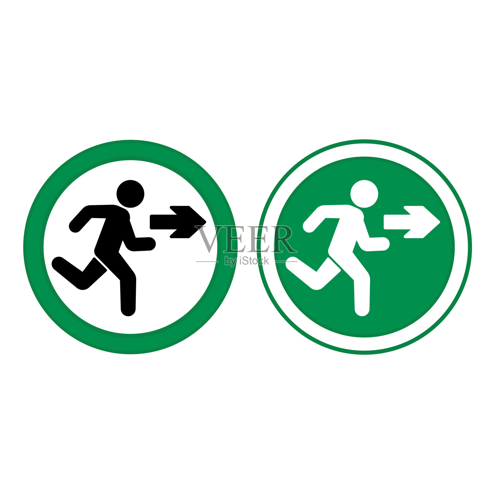 绿色出口标志。矢量图标。警告标志。一个人跑在出口箭头后面。紧急疏散符号。插画图片素材