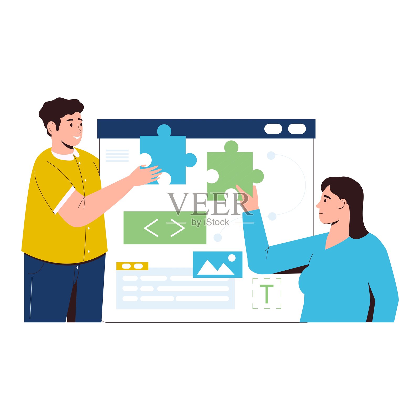 男孩和女孩正在进行用户界面插图的工作插画图片素材