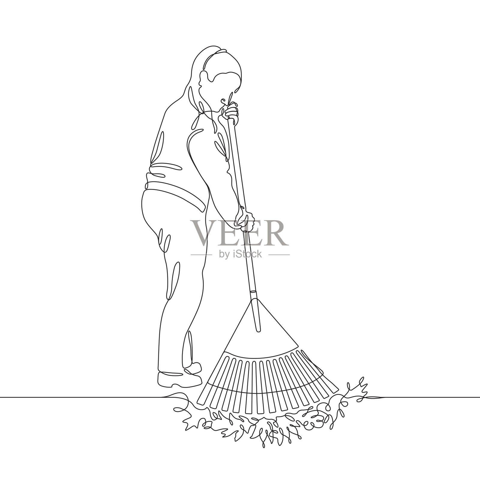 女人在耙树叶。单线条绘画风格插图，带可编辑的笔触和颜色元素。插画图片素材