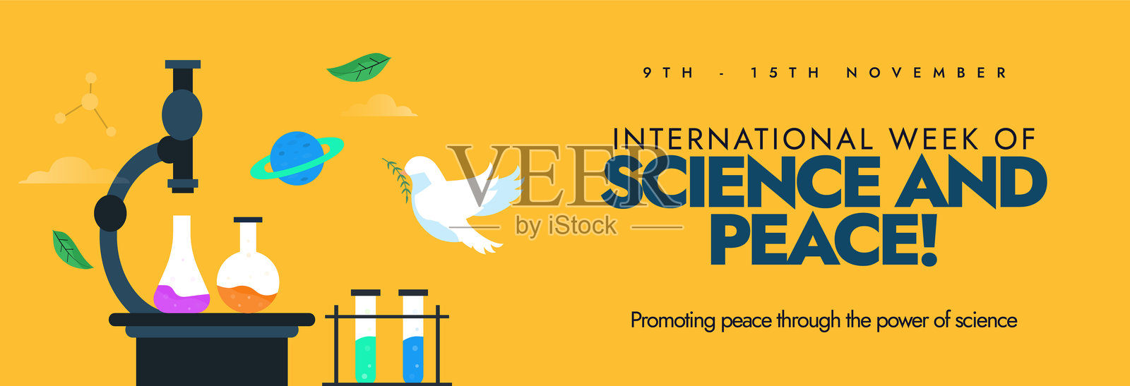 国际科学与和平周。十一月科学与和平周社交媒体庆祝封面横幅，包含显微镜、烧瓶、量杯和鸽子。此周旨在通过科学和技术激励和吸引人们。矢量插图。插画图片素材