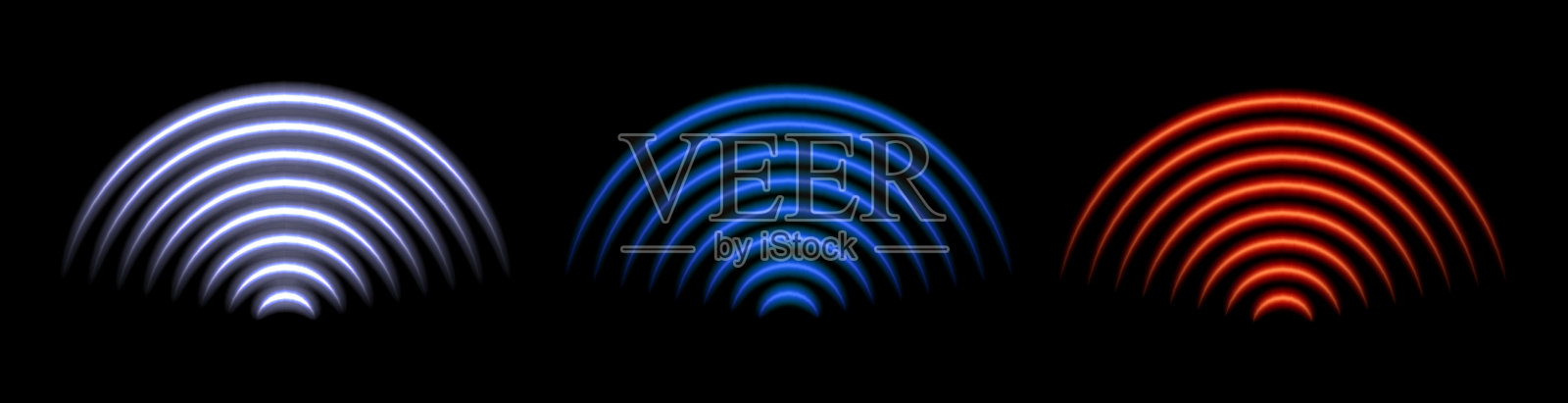 3D Wi-Fi波浪与蓝色霓虹径向光。无线数据传输和雷达信号效果。发光符号用于声音扫描技术和网络监控。符号数字流动与保护。插画图片素材