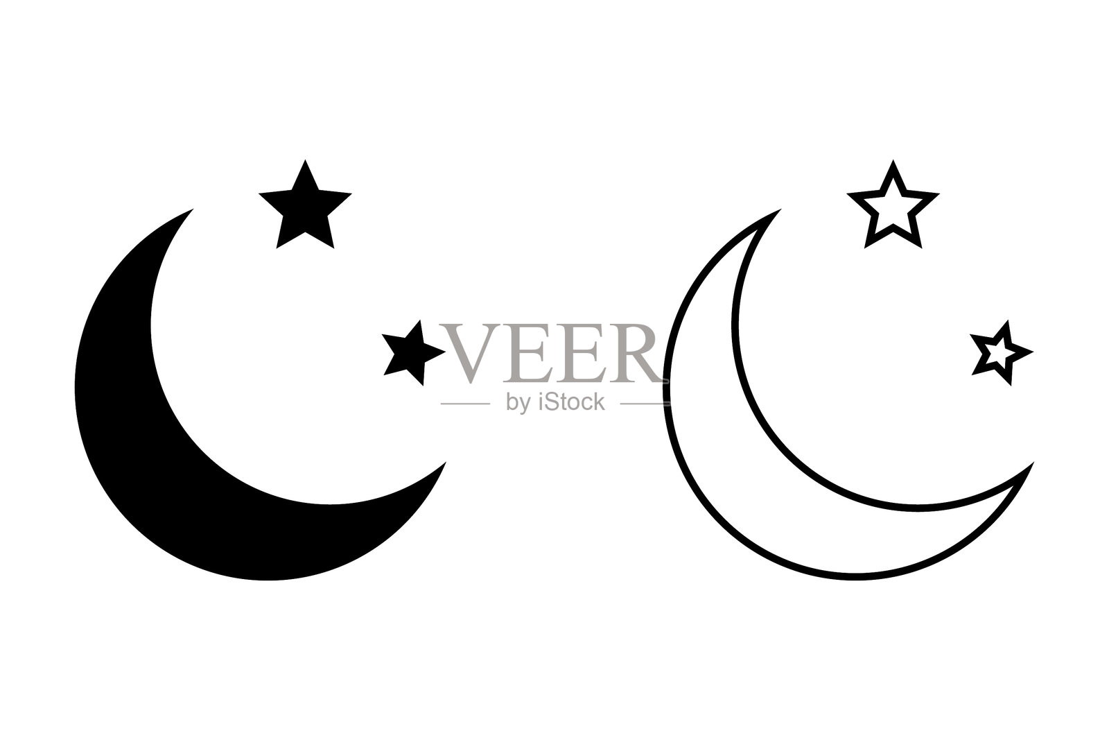 白色背景上的新月与星星图标。夜晚图标。新月图标。极简风格。插画图片素材