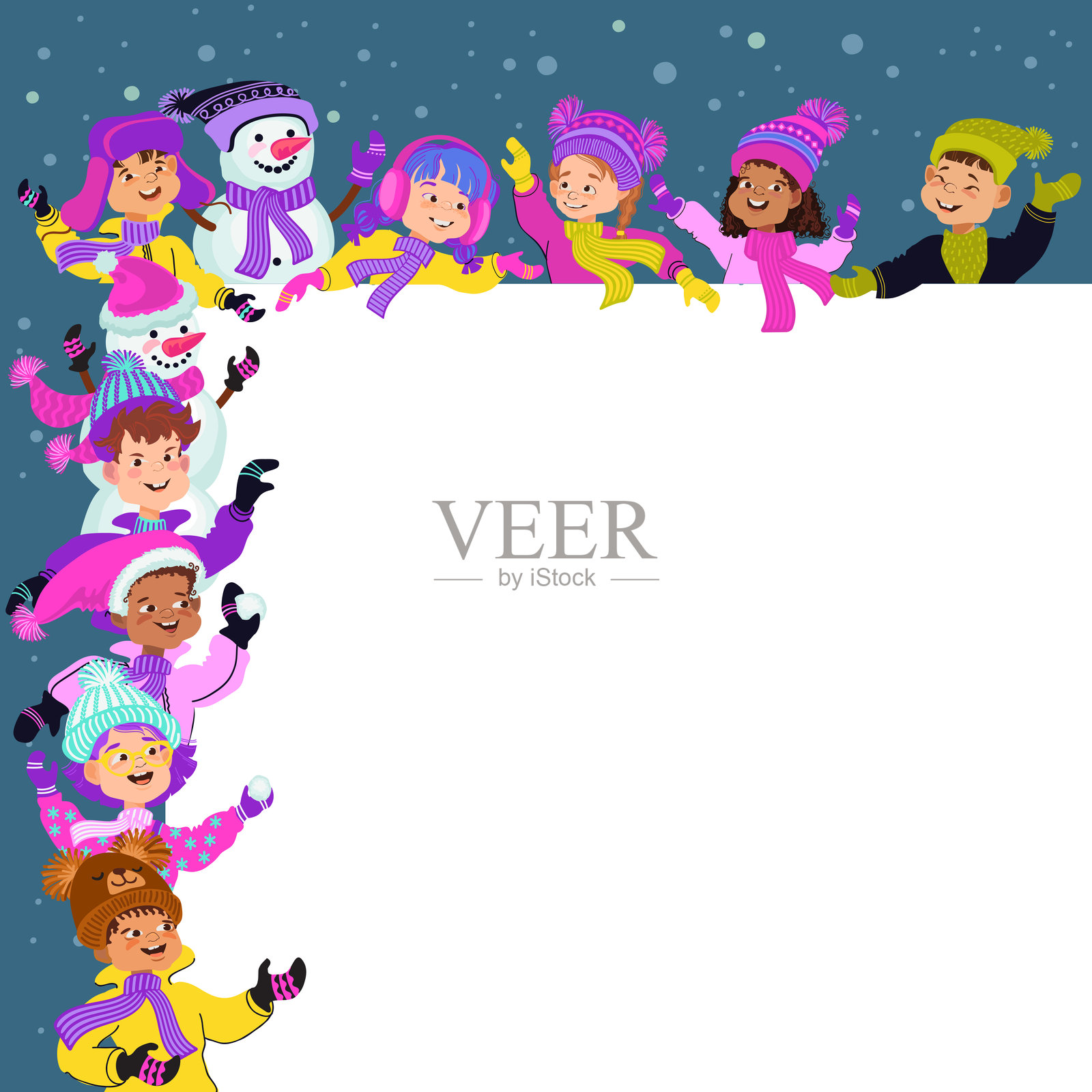 快乐的孩子们和雪人。贺卡，海报模板。矢量插图。插画图片素材