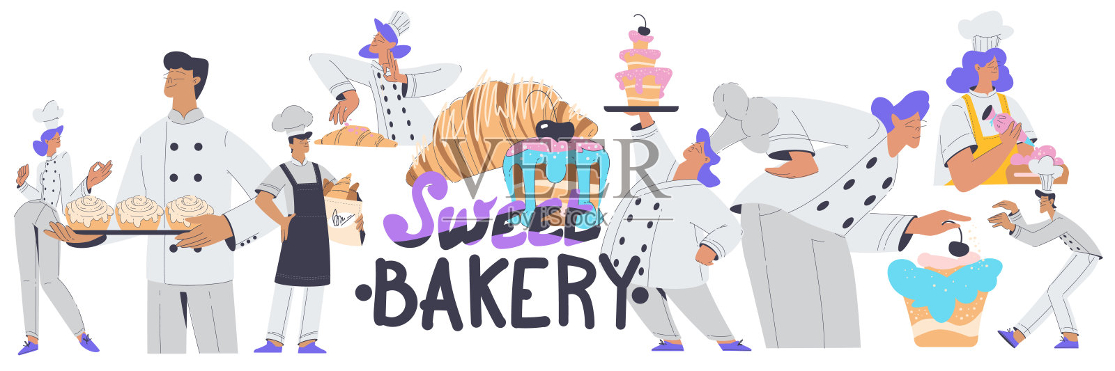 穿着制服的面包师傅在烘焙糕点的面包店矢量插图插画图片素材