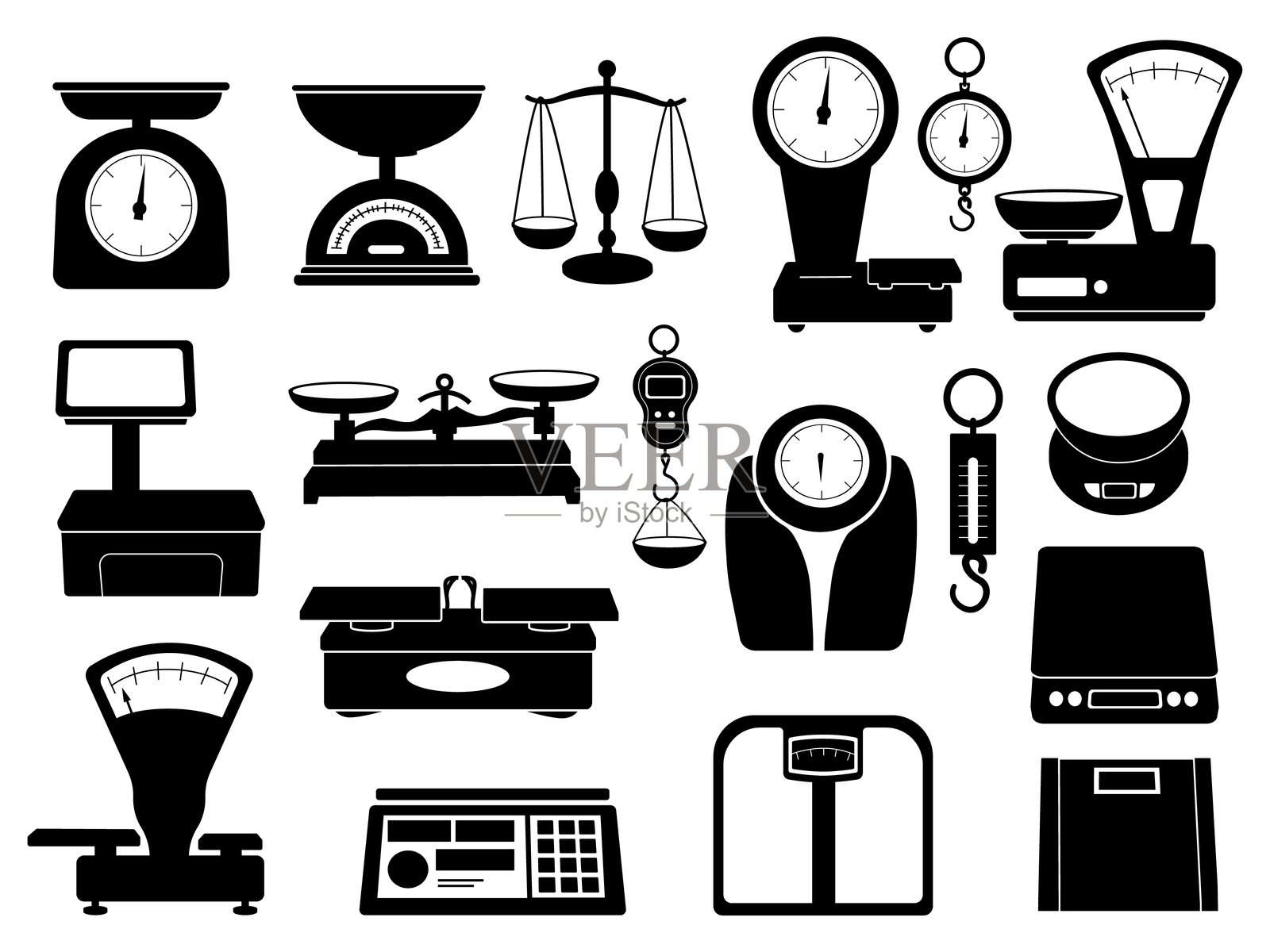 黑色刻度图标。不同的厨房食品商店市场测量刻度。隔离的杂货和家庭称重设备，现代矢量套件。插画图片素材