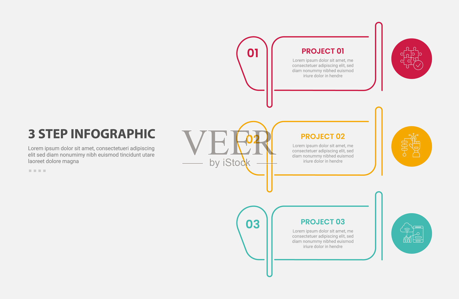 三点模板信息图表轮廓风格，包含三步模板，创意表格轮廓和边缘圆形，适用于幻灯片演示。插画图片素材