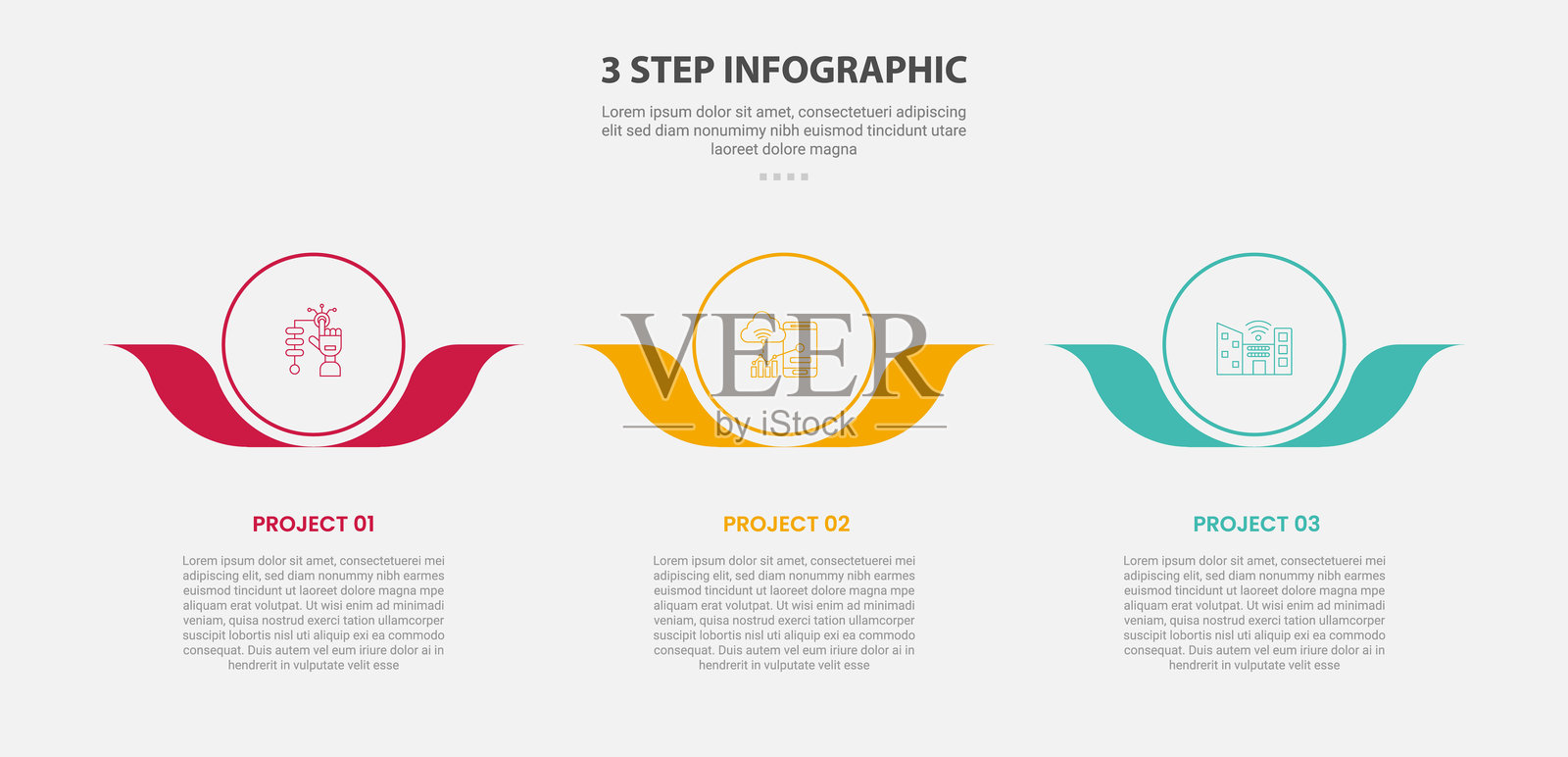 三点模板信息图表轮廓风格，带有三步模板，大圆圈和底部花叶装饰，适用于幻灯片演示。插画图片素材