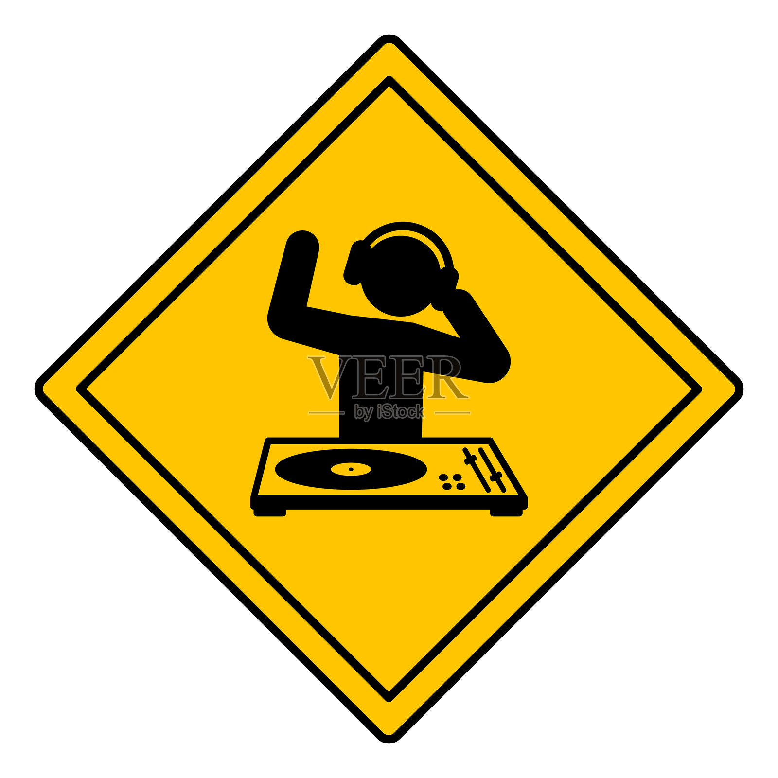 黄色警告标志：DJ正在工作。矢量图标。幽默音乐标志。搞笑贴纸。戴着耳机的DJ在DJ混音器上跳舞和演奏。插画图片素材