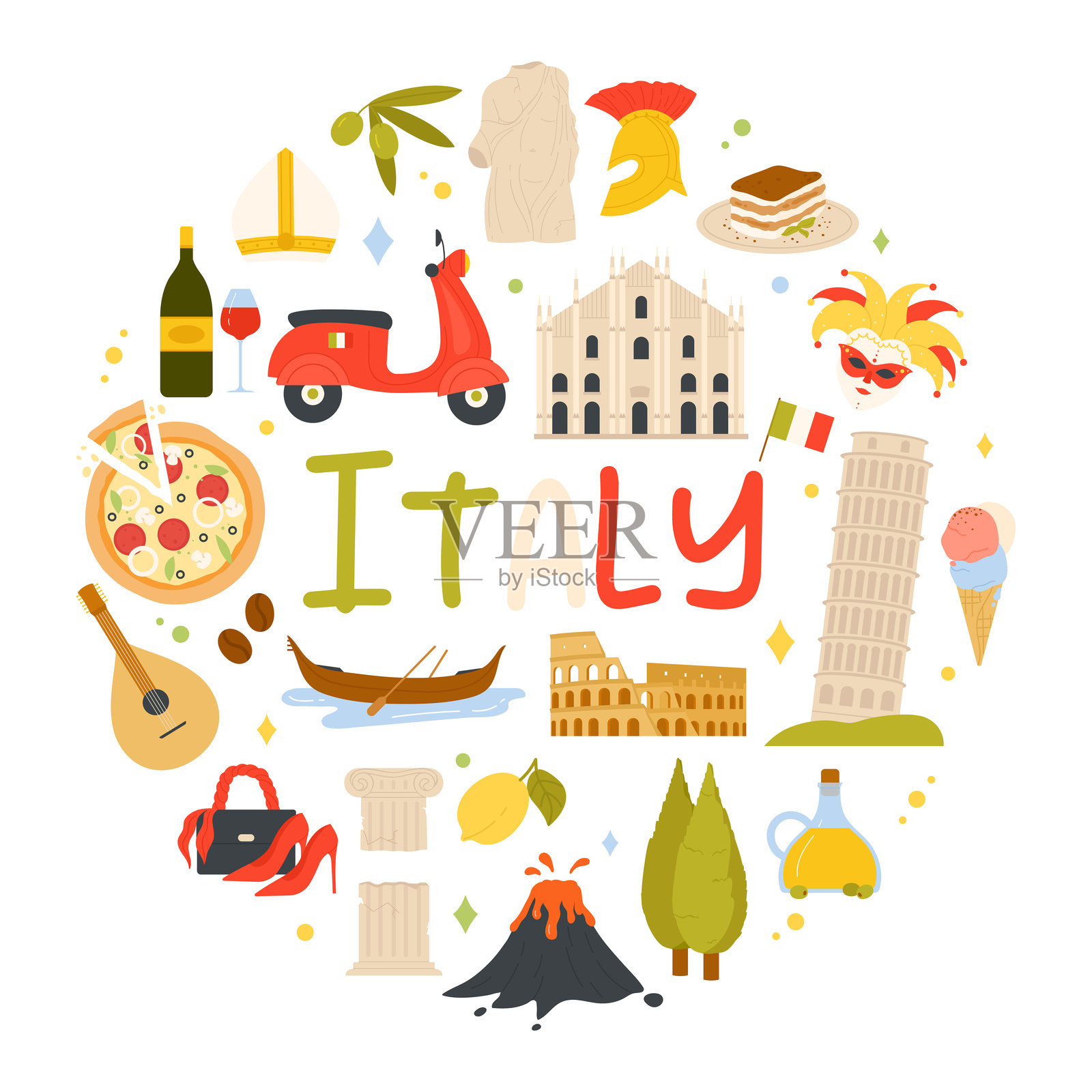 意大利旅行，带有国家文化符号和地标的圆形设计模板插画图片素材