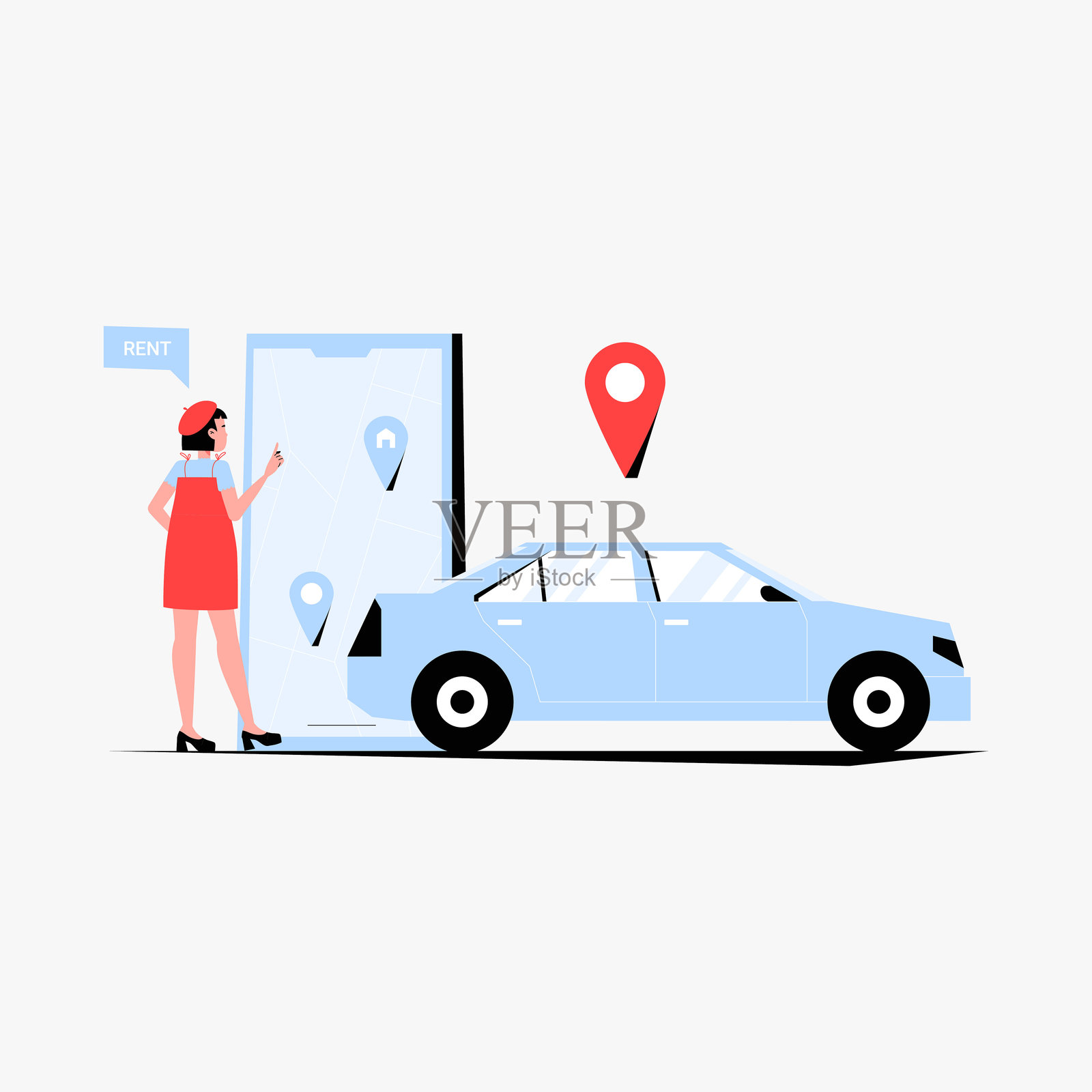 女性司机使用导航应用程序的扁平矢量插图，象征导航、地理定位和数字地图，背景为白色。插画图片素材