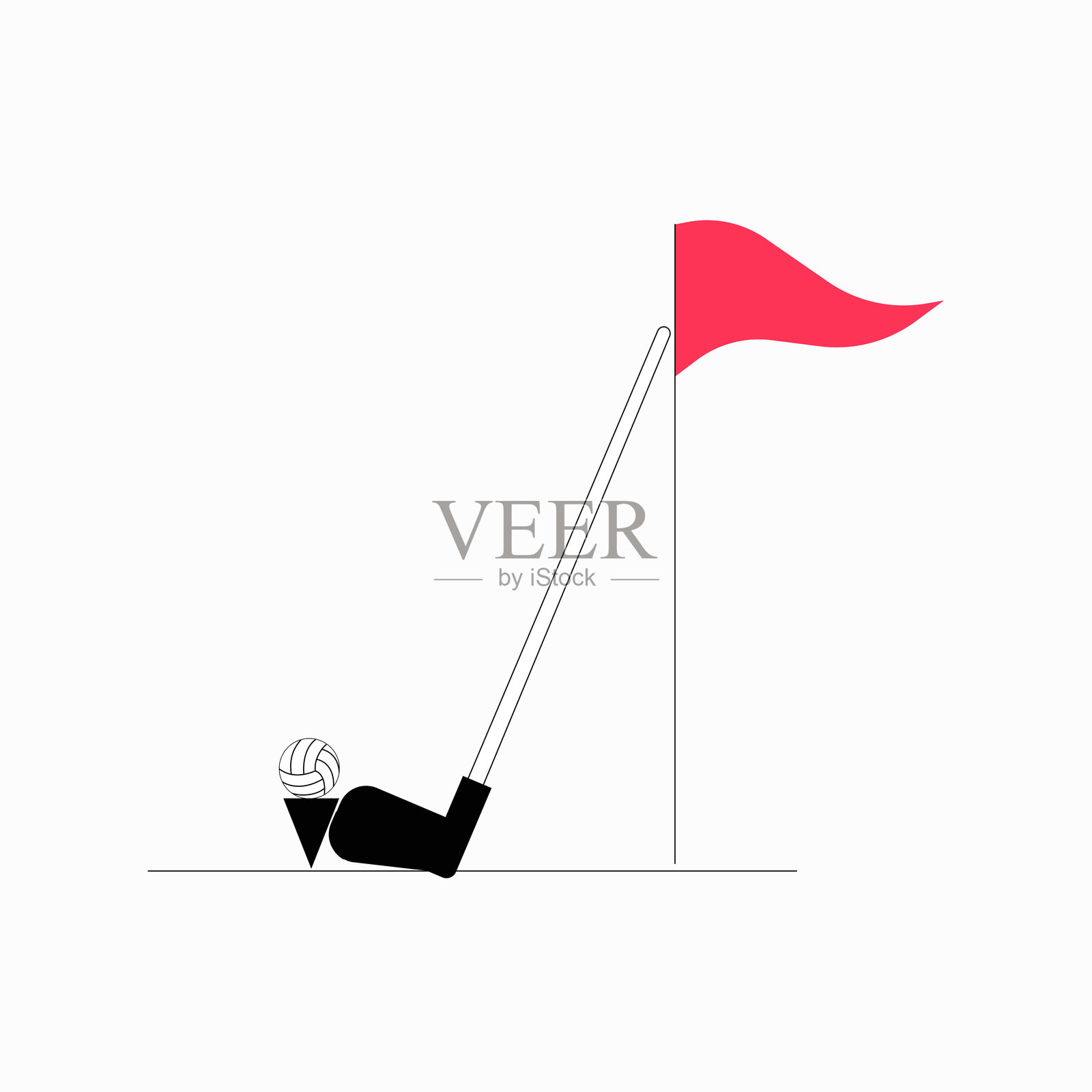 高尔夫球靠近洞口，旗帜在平面矢量插图中象征着准确性、成功和体育竞争，背景为白色。插画图片素材