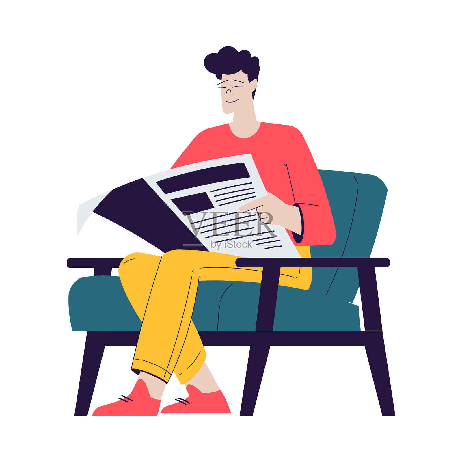 电影院里，一个男角色坐在椅子上看报纸，专注于电影拍摄的矢量插图插画图片素材