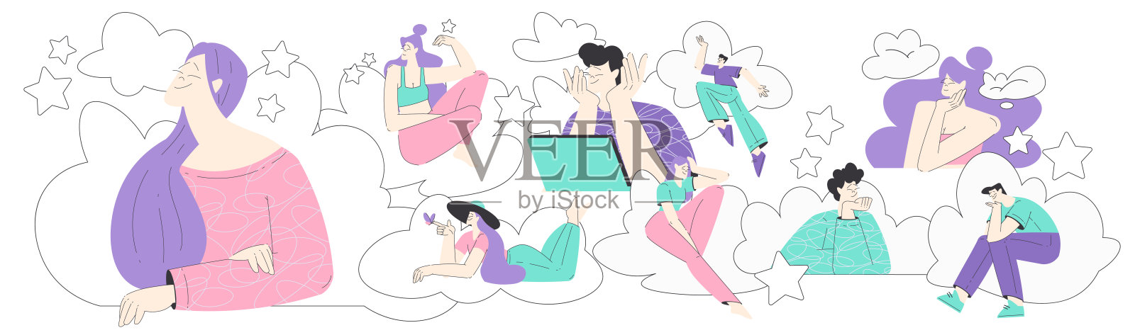 梦幻人物角色头顶云朵，拥有奇妙想象的矢量插图插画图片素材