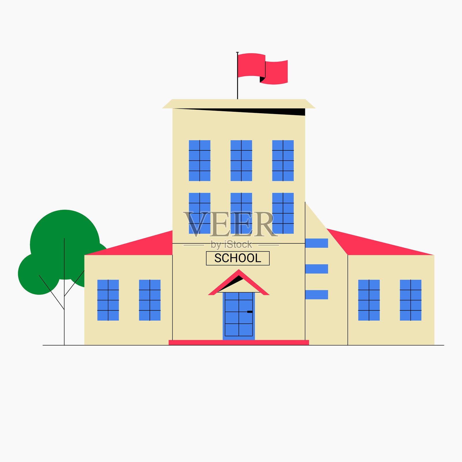 象征教育、学习和学术机构的学校建筑扁平矢量插图，孤立在白色背景上。插画图片素材