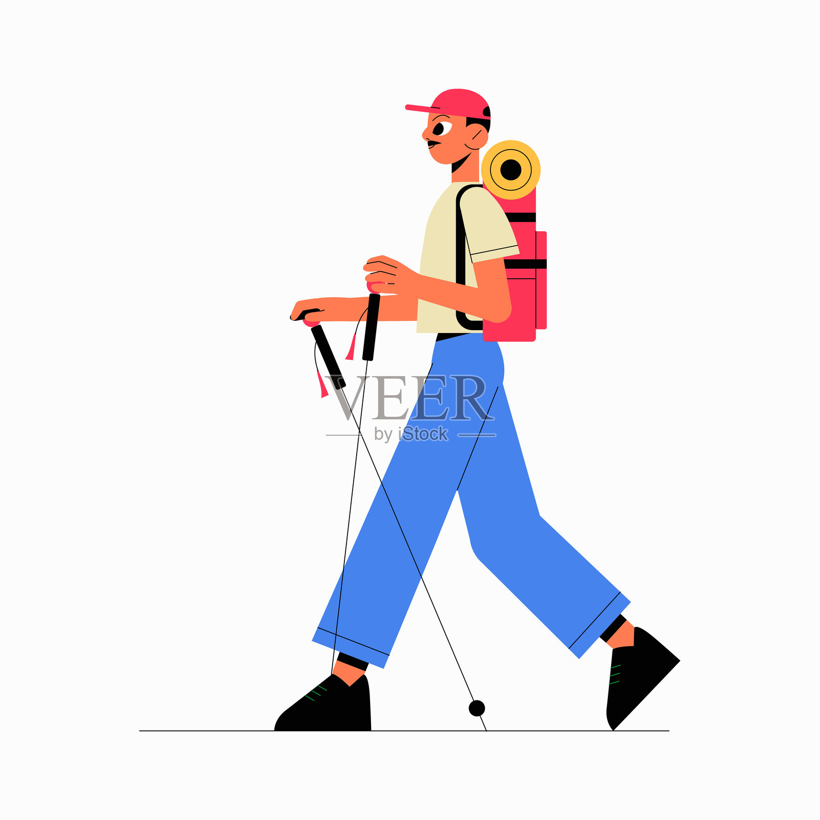 男性徒步旅行者背着背包和登山杖的扁平矢量插图，象征着冒险、旅行和探索，背景为白色。插画图片素材