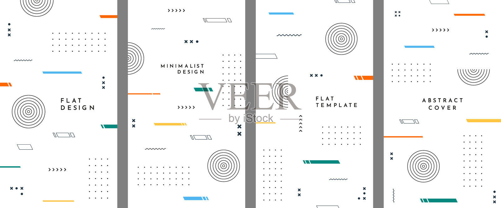 矢量插图。抽象的鲜艳色彩背景集。酷炫明亮的极简壁纸，带有流动的线条、点和孟菲斯图案元素。适用于传单、优惠券、代金券和壁纸的设计。插画图片素材