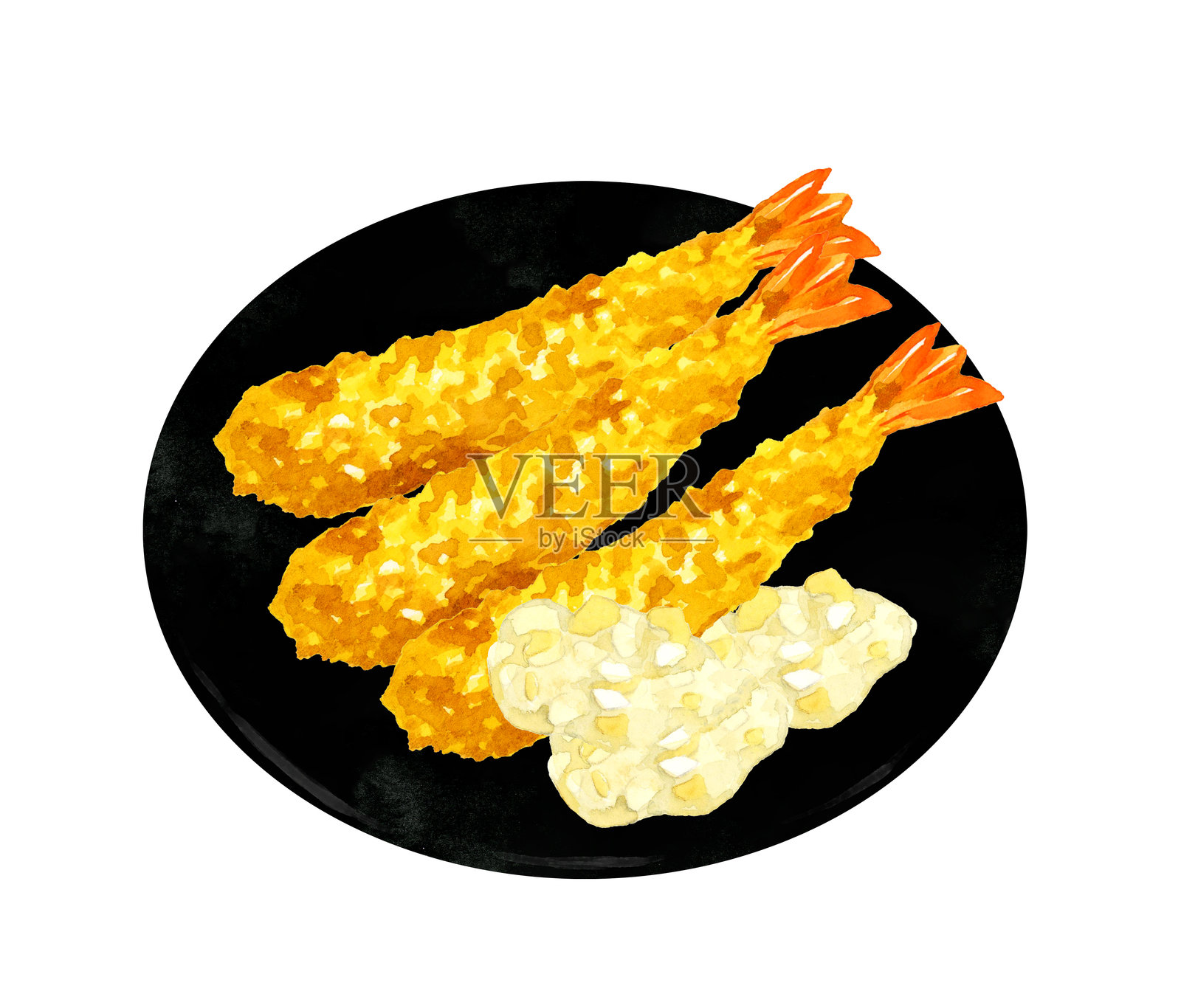 盘子上的炸虾剪贴画。食物和烹饪的水彩插图。插画图片素材