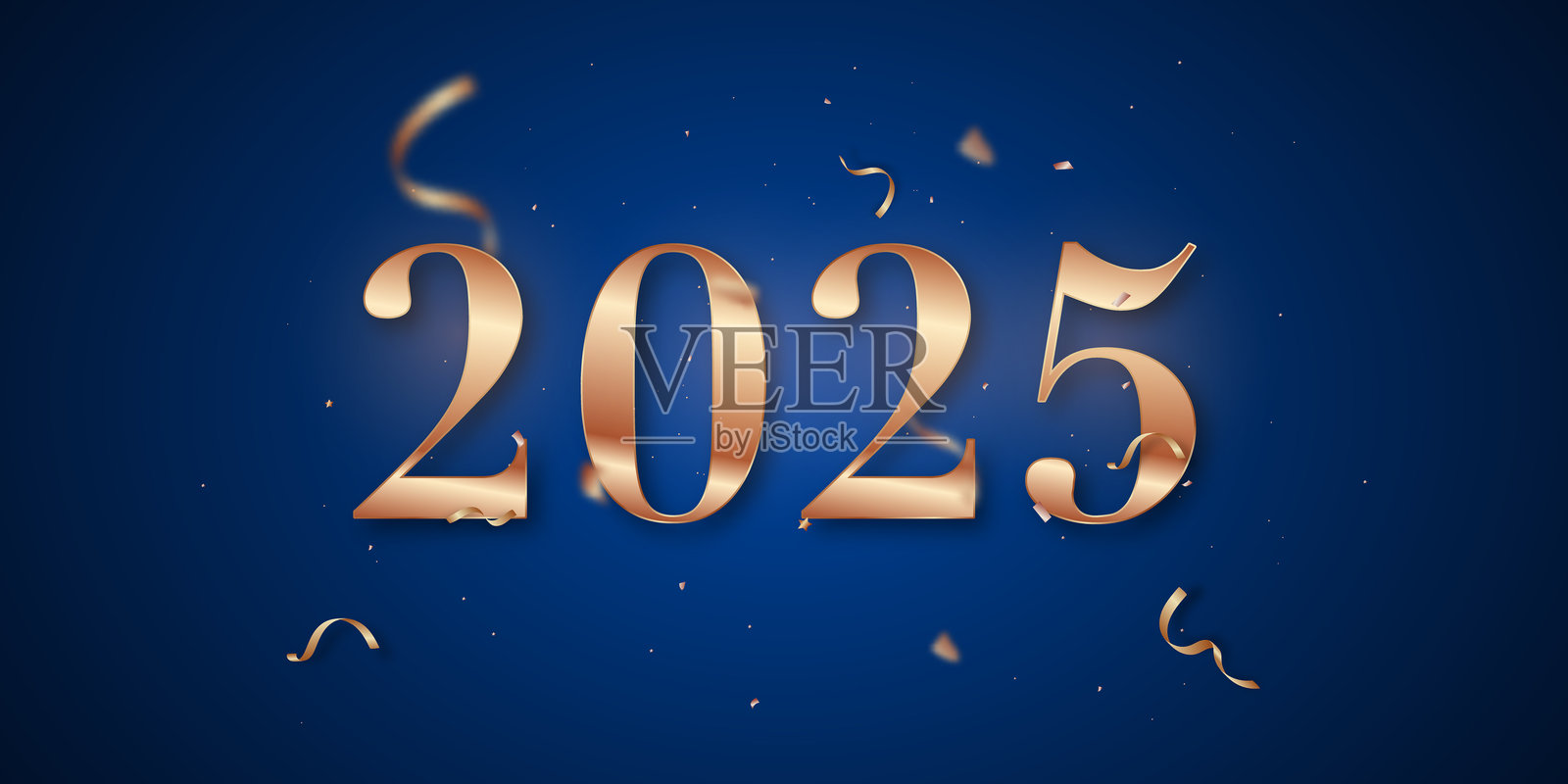 蓝色背景上的玫瑰金2025庆祝活动，伴有五彩纸屑插画图片素材