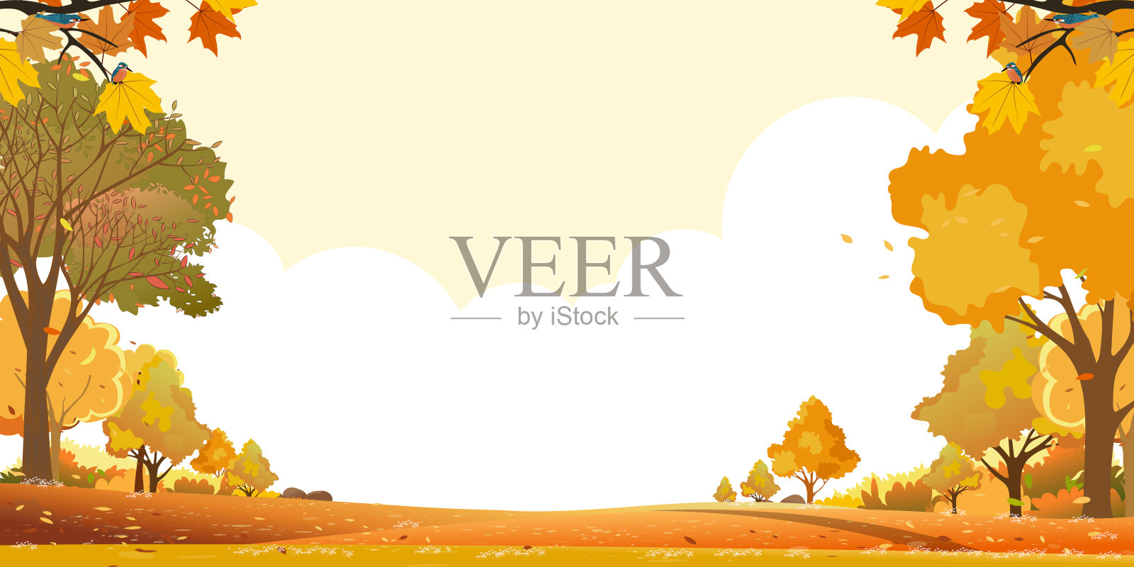 秋季背景，秋天的风景，橙色和黄色的枫叶，山上的森林树木，蓝天上的白云，适用于感恩节海报、邀请函和贺卡的可爱秋季自然模板插画图片素材