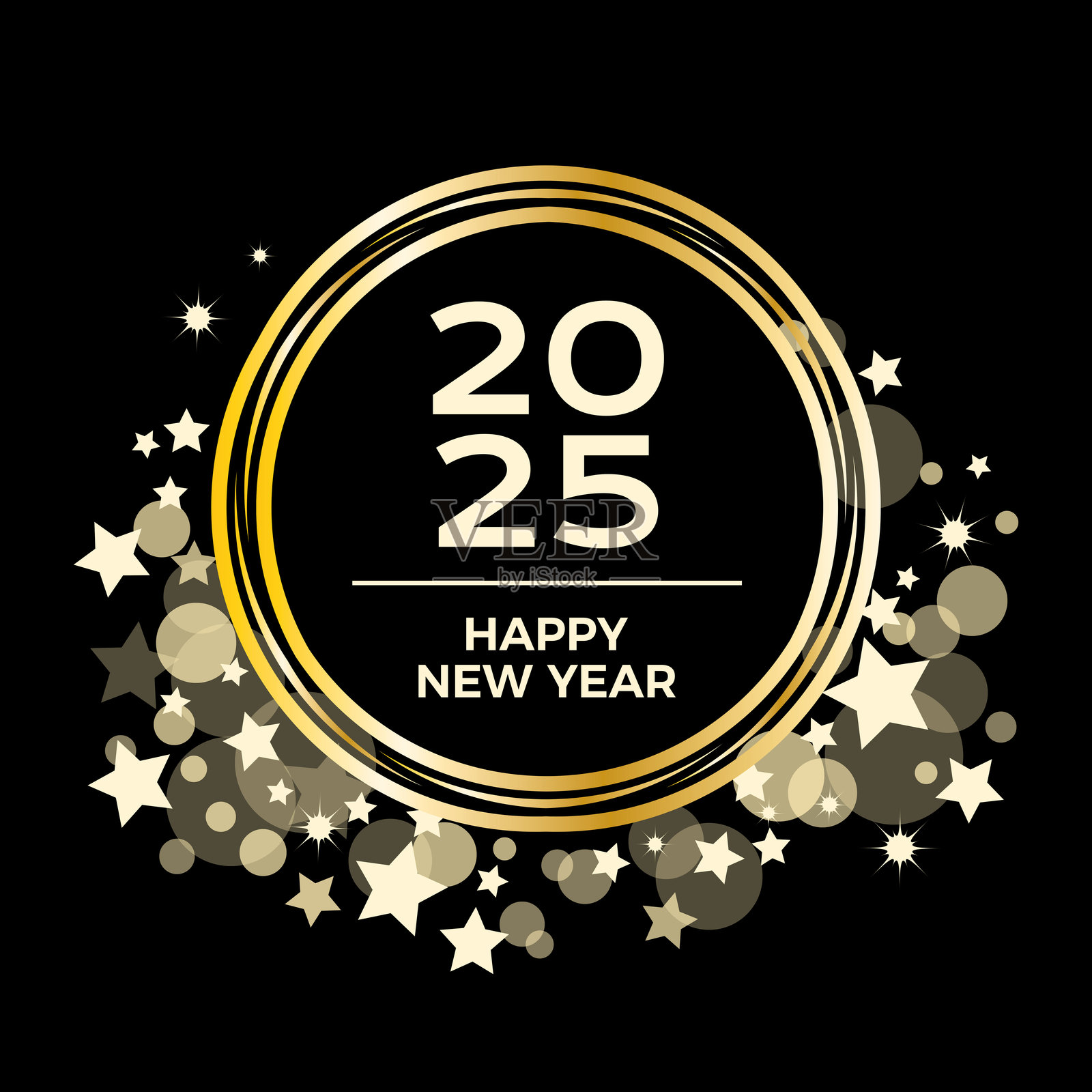 2025年新年快乐贺卡，带有金色闪亮圆形边框的矢量插图插画图片素材