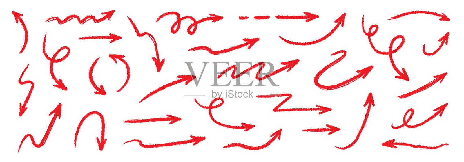 箭头蜡笔刷涂鸦粉笔红色线条笔触。素描铅笔纹理线条涂鸦红色箭头图标。手绘粗糙蜡笔刷素描方向元素集。矢量图。插画图片素材