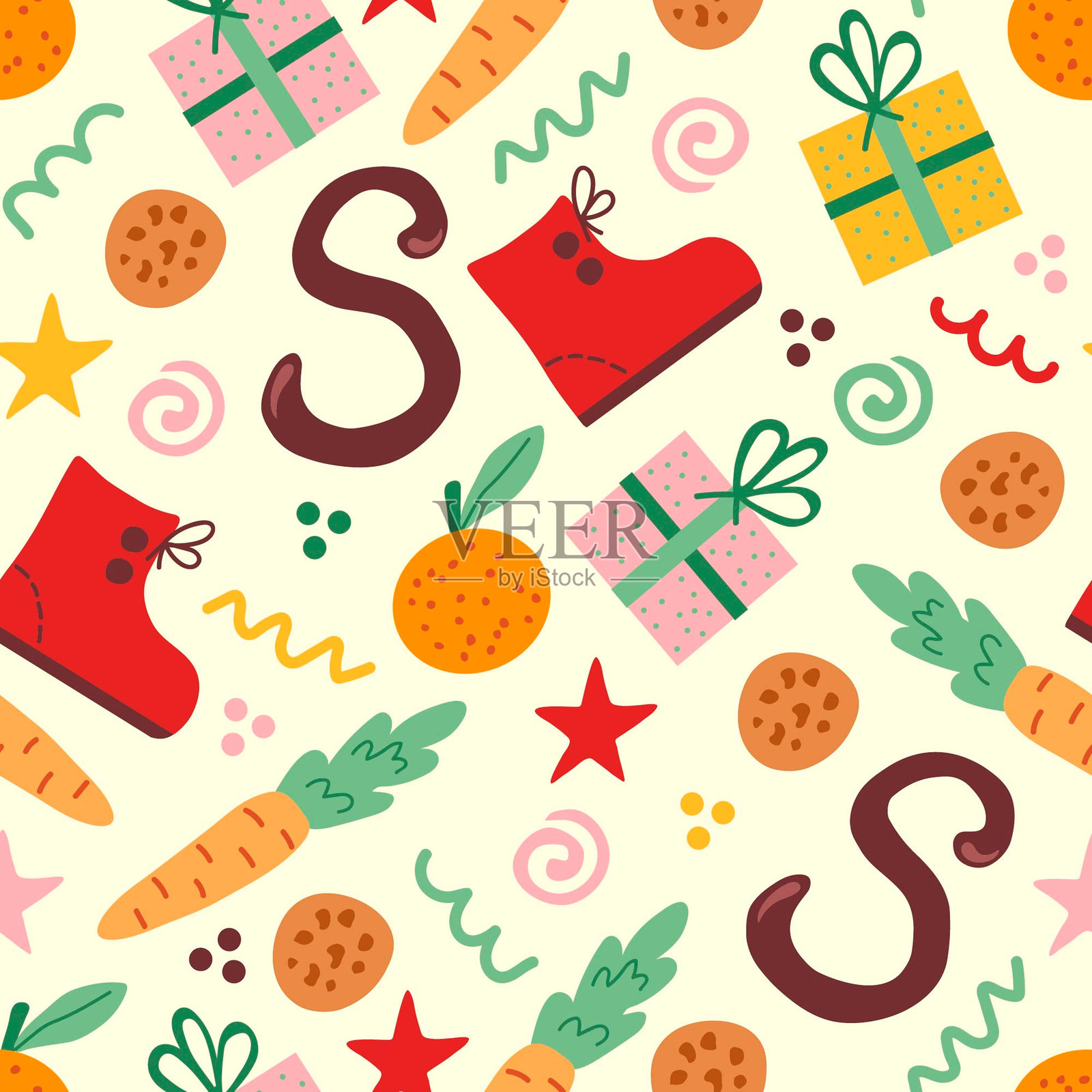 圣尼古拉斯节彩色无缝图案，适用于面料印花、包装纸和礼品插画图片素材