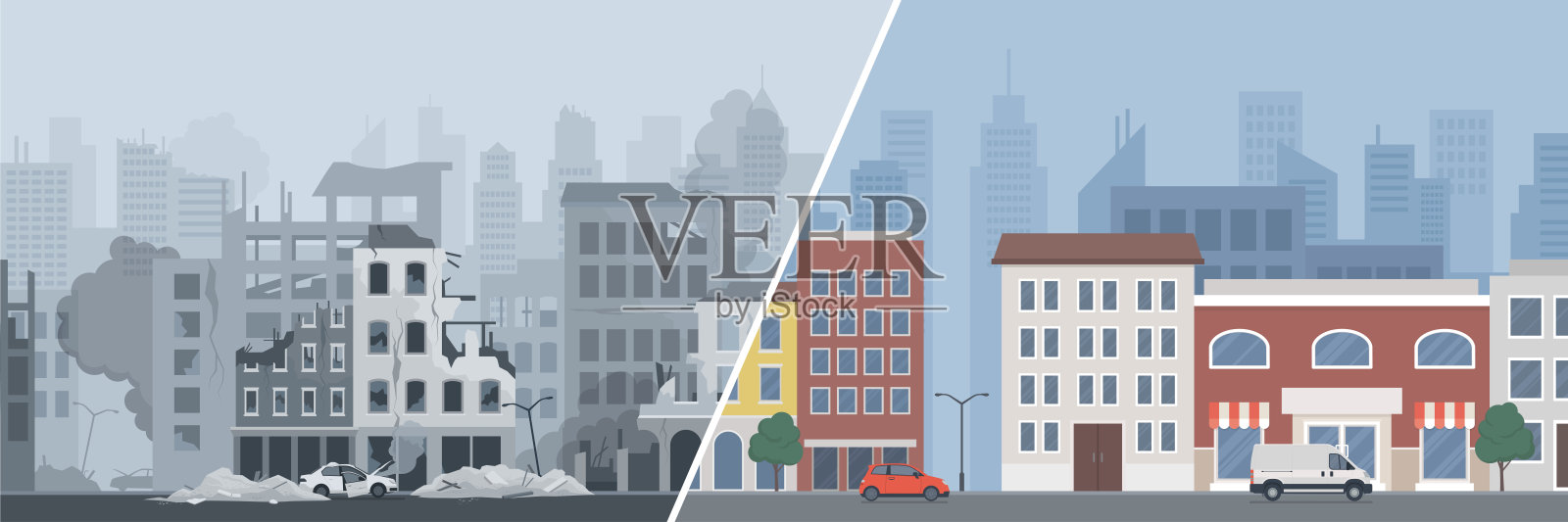 城市重建前后对比插画图片素材