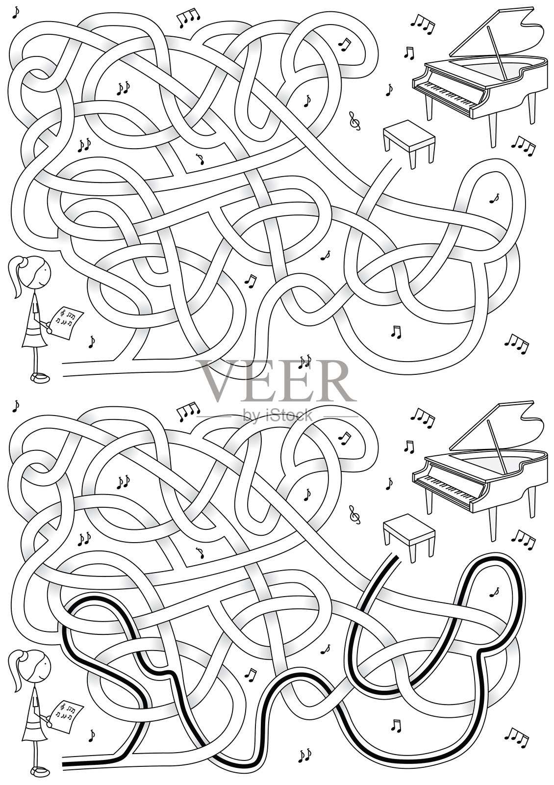 女孩与钢琴迷宫插画图片素材