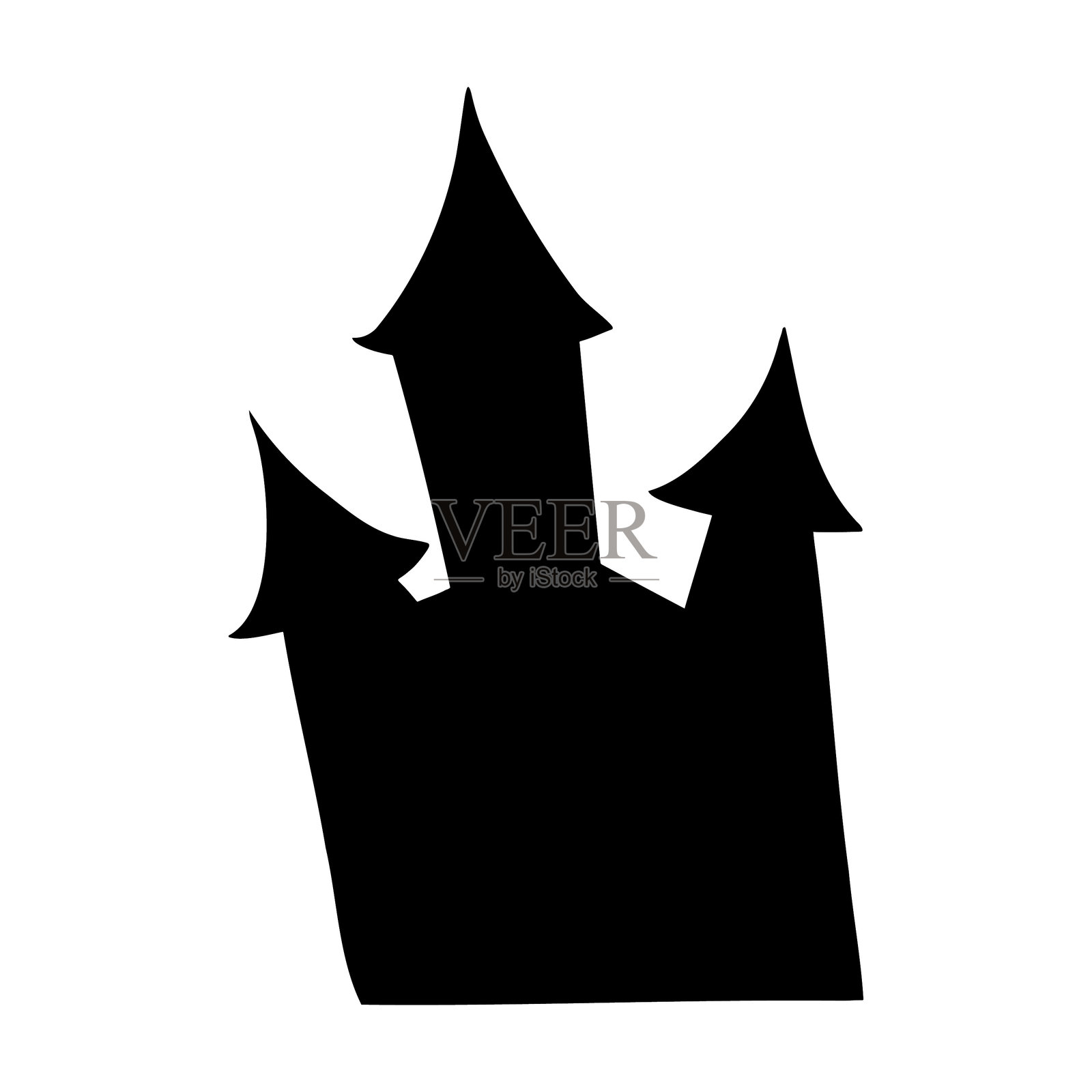 阴森的万圣节鬼屋剪影插图。废弃豪宅的单色图形绘画。手绘轮廓素描，雕刻插图。适用于万圣节派对邀请、装饰、印刷。插画图片素材