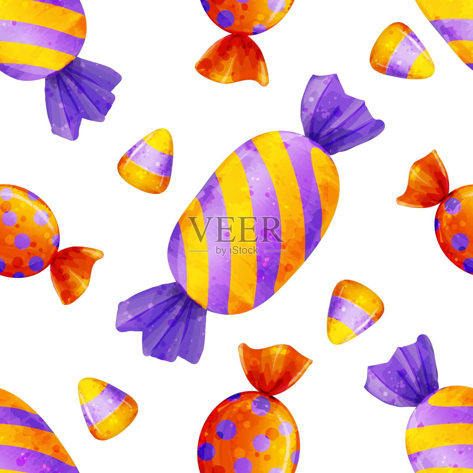 无缝图案，包含糖果玉米和包装糖果。插画图片素材