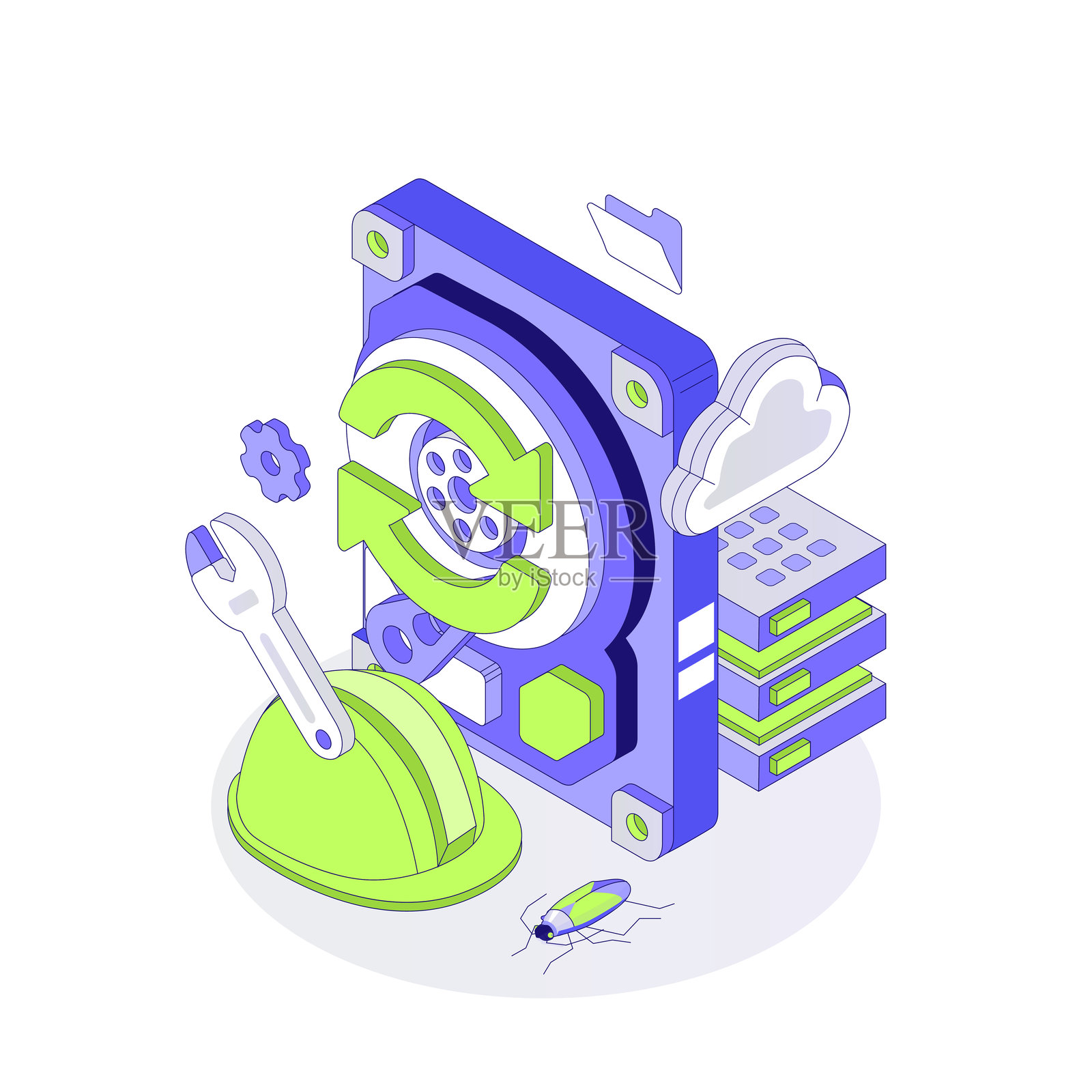 从硬盘、存储卡、软盘恢复文件：HDD等距矢量图插画图片素材