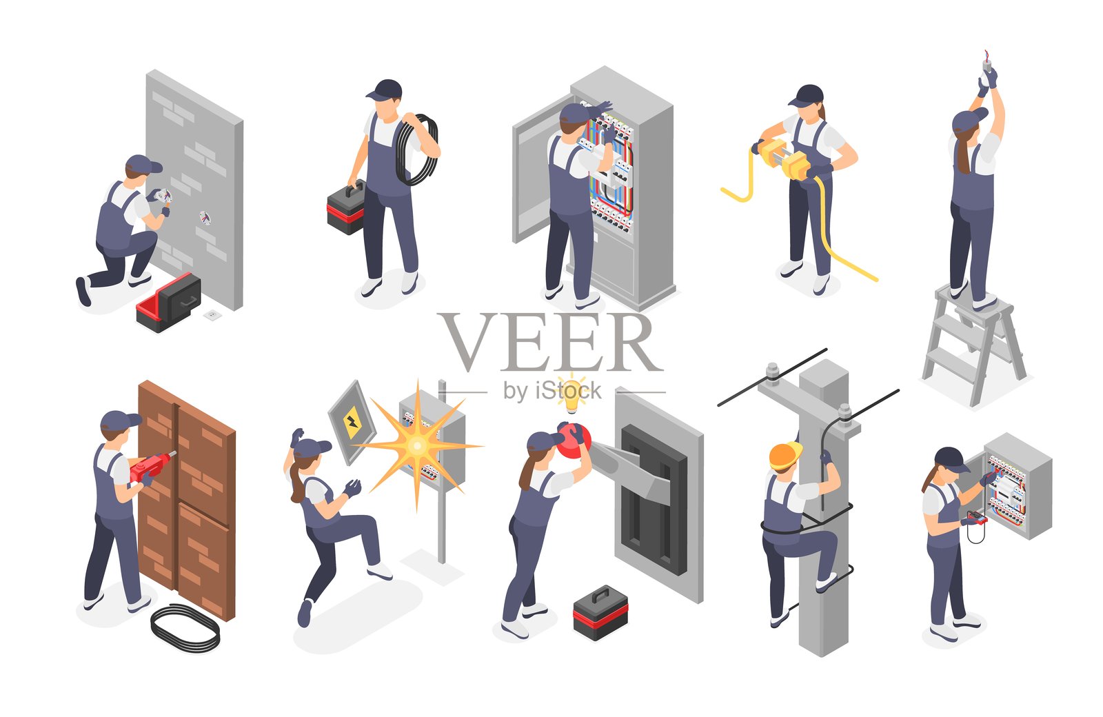 等距电工。穿着制服的男性和女性电气工人在变压器、配电盘和电压设备上工作，完美的矢量角色。插画图片素材