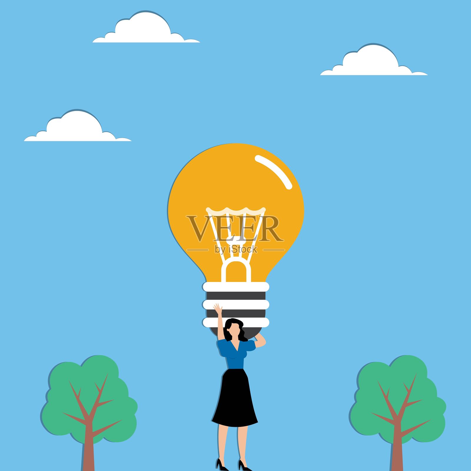 拿着象征创新想法和创造性思维的巨大灯泡的女商人插画图片素材