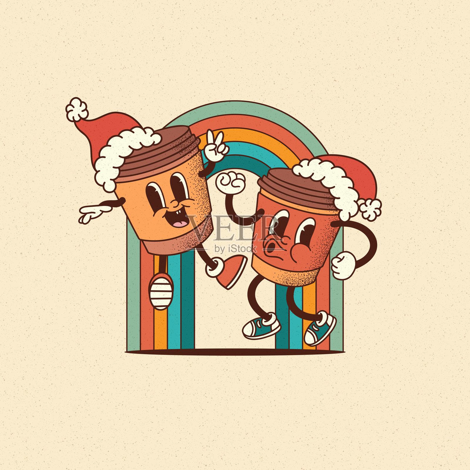 复古卡通风格的微笑咖啡圣诞吉祥物插画图片素材