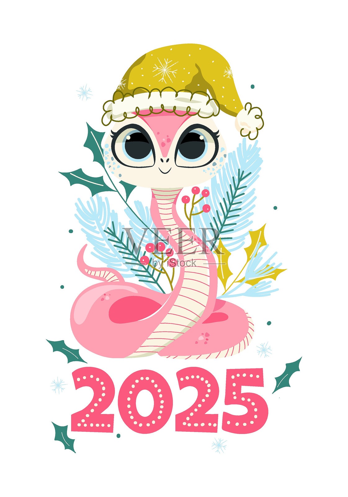 平面风格的蛇的矢量插图。这个角色是2025年的象征，采用粉色、蓝色和绿色。插画图片素材