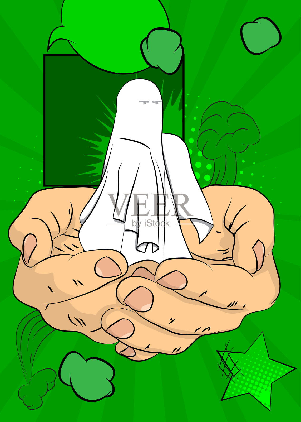 卡通漫画风格的人手握着幽灵。复古万圣节矢量漫画流行艺术设计。插画图片素材