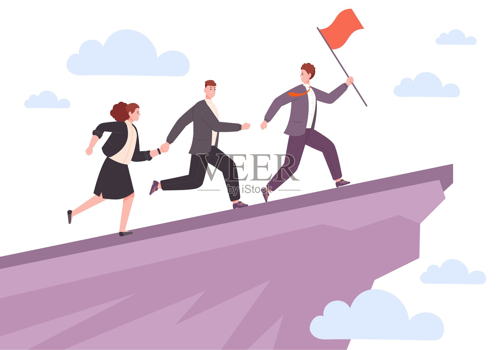 领导者崛起。商界人士组织通往成功的道路，商业团队经理与旗帜共同迎接职业成长目标的实现，领导挑战概念矢量插图。插画图片素材