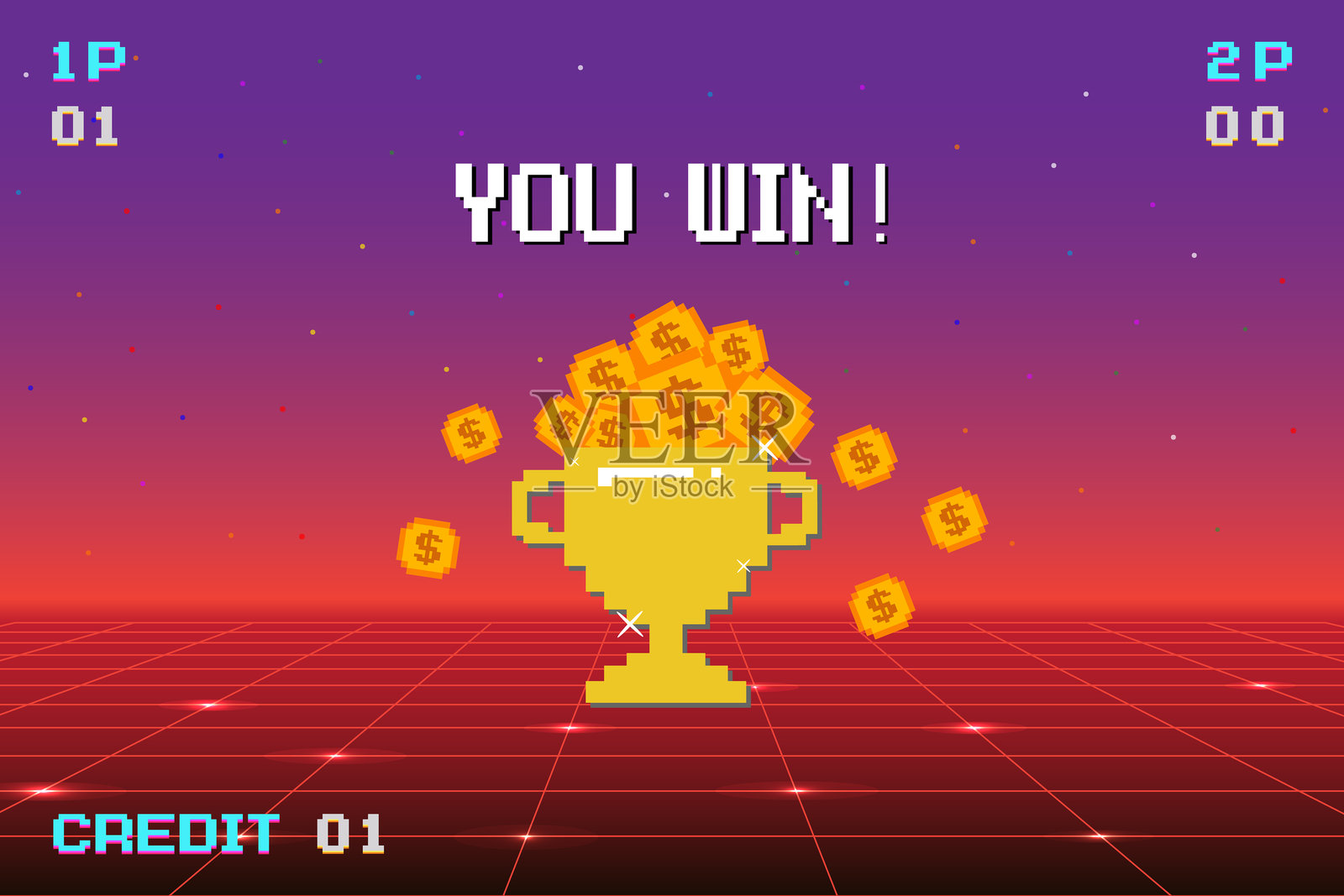 8位像素艺术：您赢了，金色奖杯和金币插画图片素材