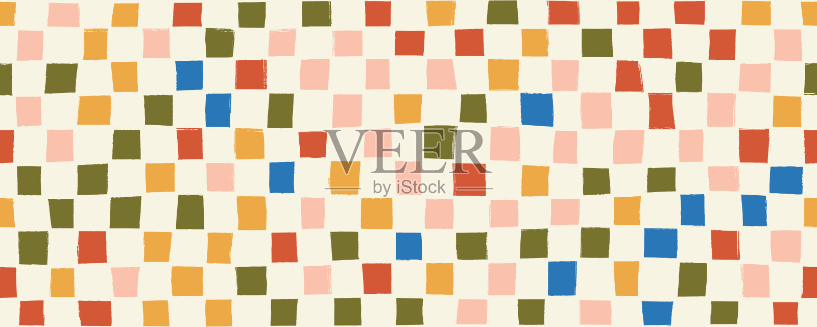 无缝横幅设计，带有格子图案。手绘复古几何方块无缝图案。色彩斑斓的方形点、颗粒、几何马赛克背景。抽象半色调纹理。插画图片素材