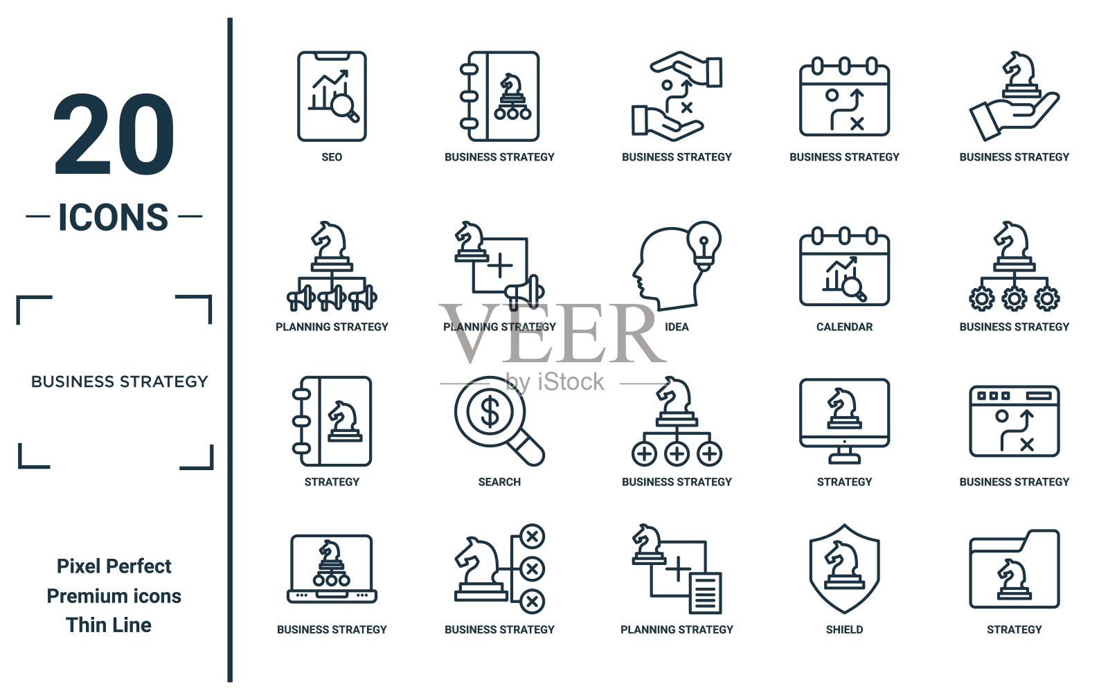 商业战略线性图标集。包括细线SEO、规划战略、战略、商业创意、报告用商业图标、演示文稿、图表、网页设计。插画图片素材