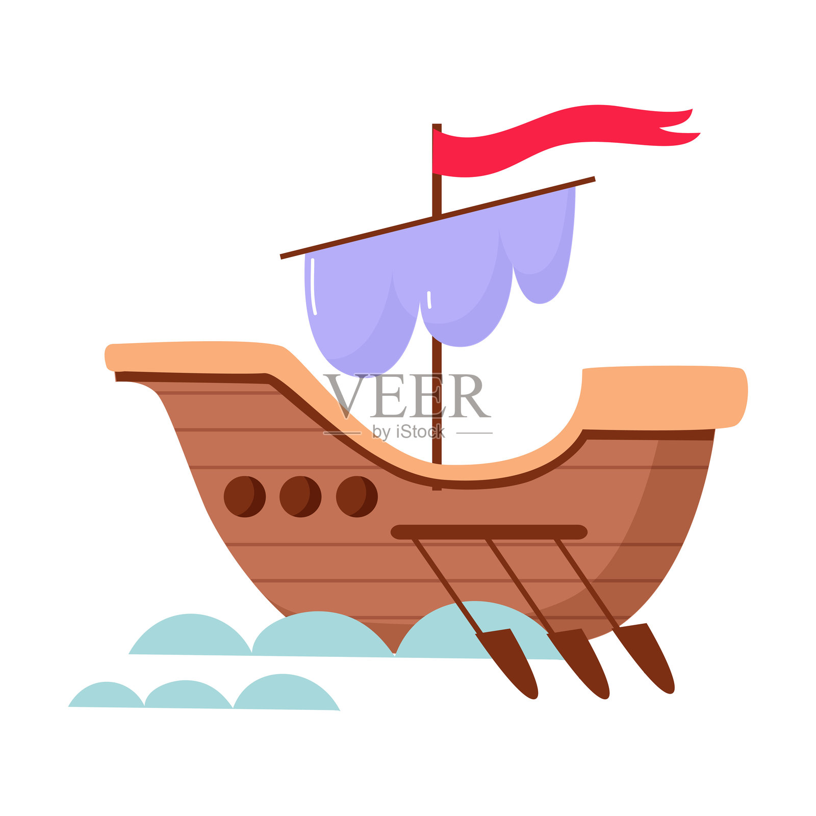 童话般的中世纪划桨帆船带旗矢量插图插画图片素材