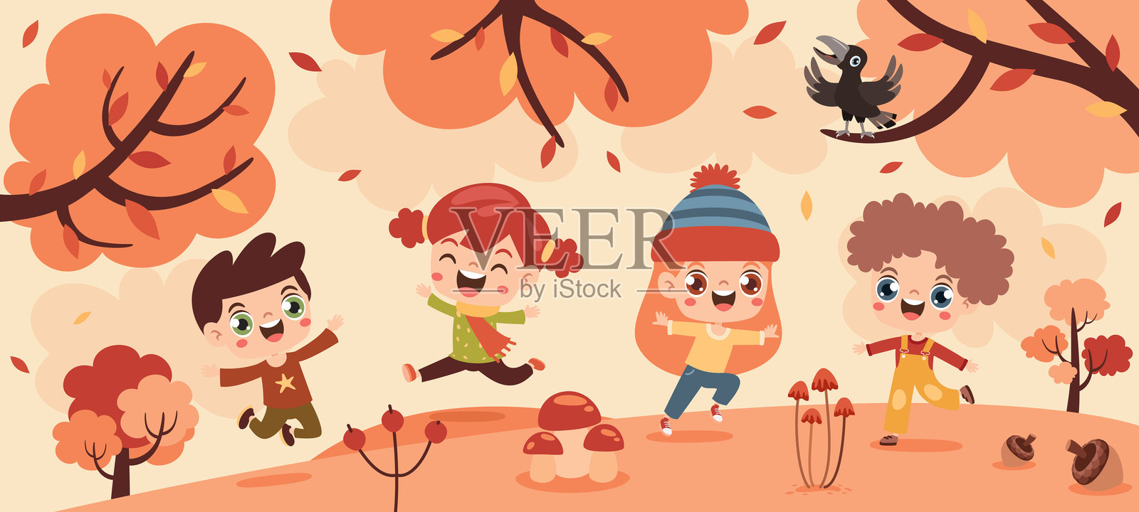 秋天插图与卡通小孩插画图片素材