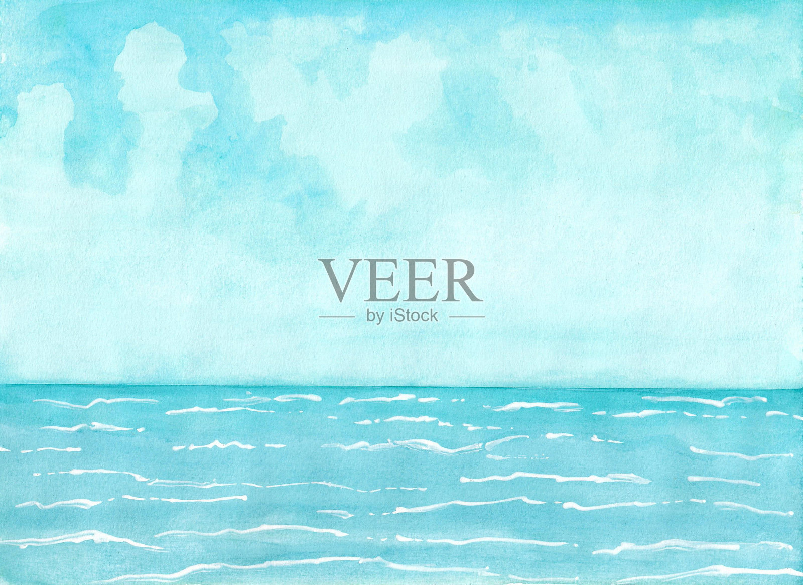 水彩画的自然背景，蓝天、海水和夏季海景美丽的波浪。插画图片素材