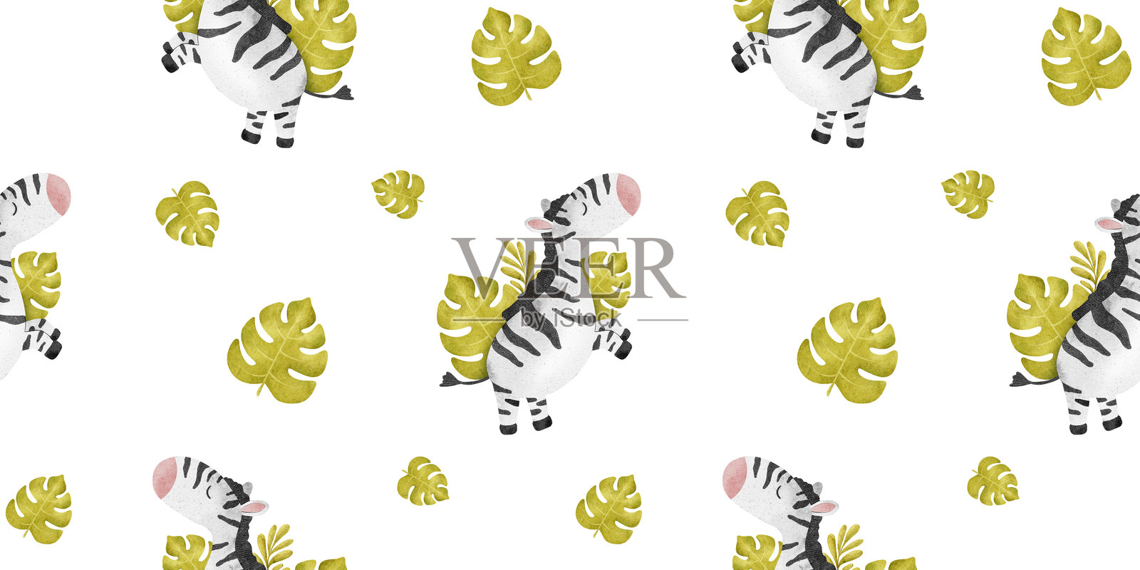 斑马与热带怪兽叶子。水彩婴儿丛林动物无缝图案。适合儿童服装、剪贴簿、面料、墙纸和办公用品的非洲条纹马背景。插画图片素材