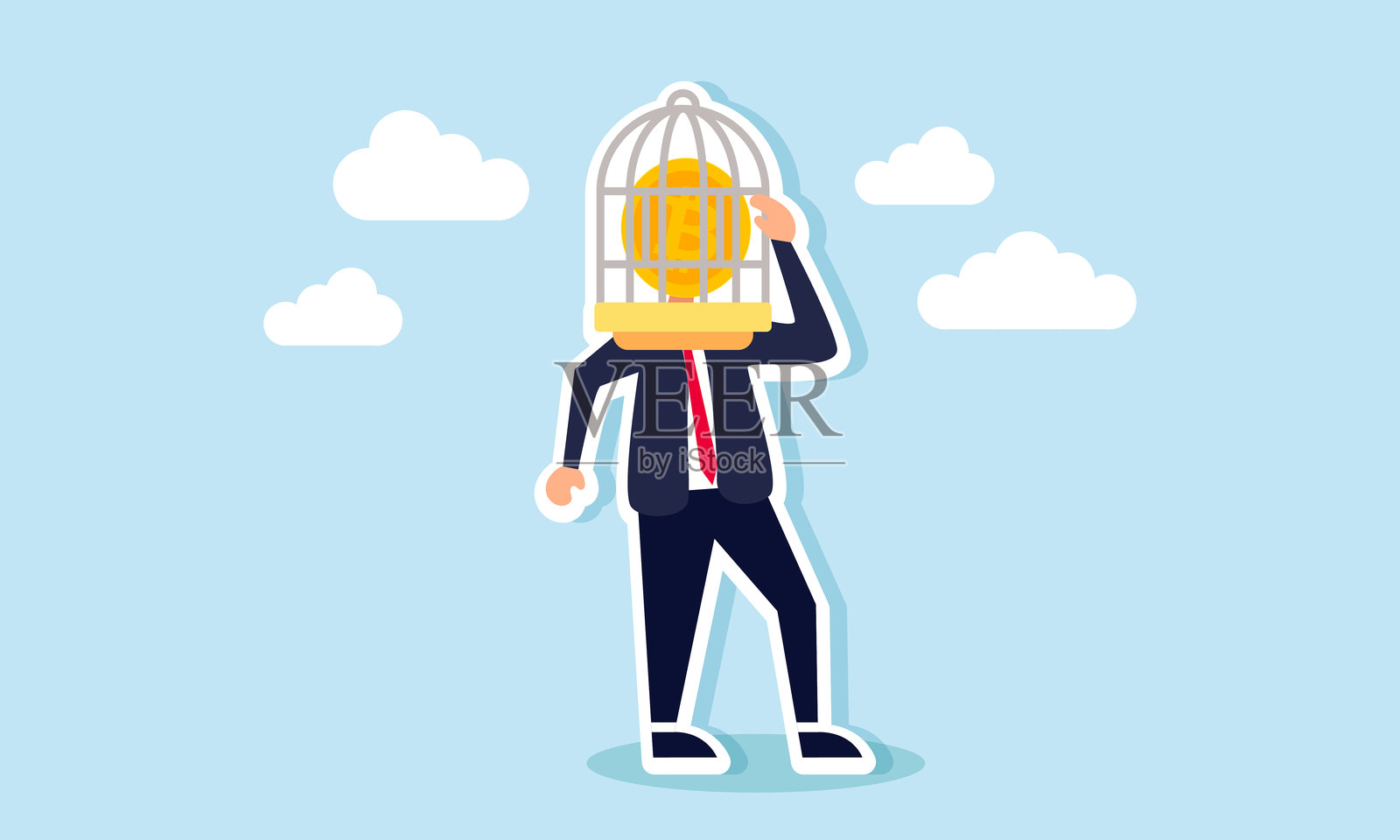 比特币脑袋被困在笼子里的商人插画图片素材