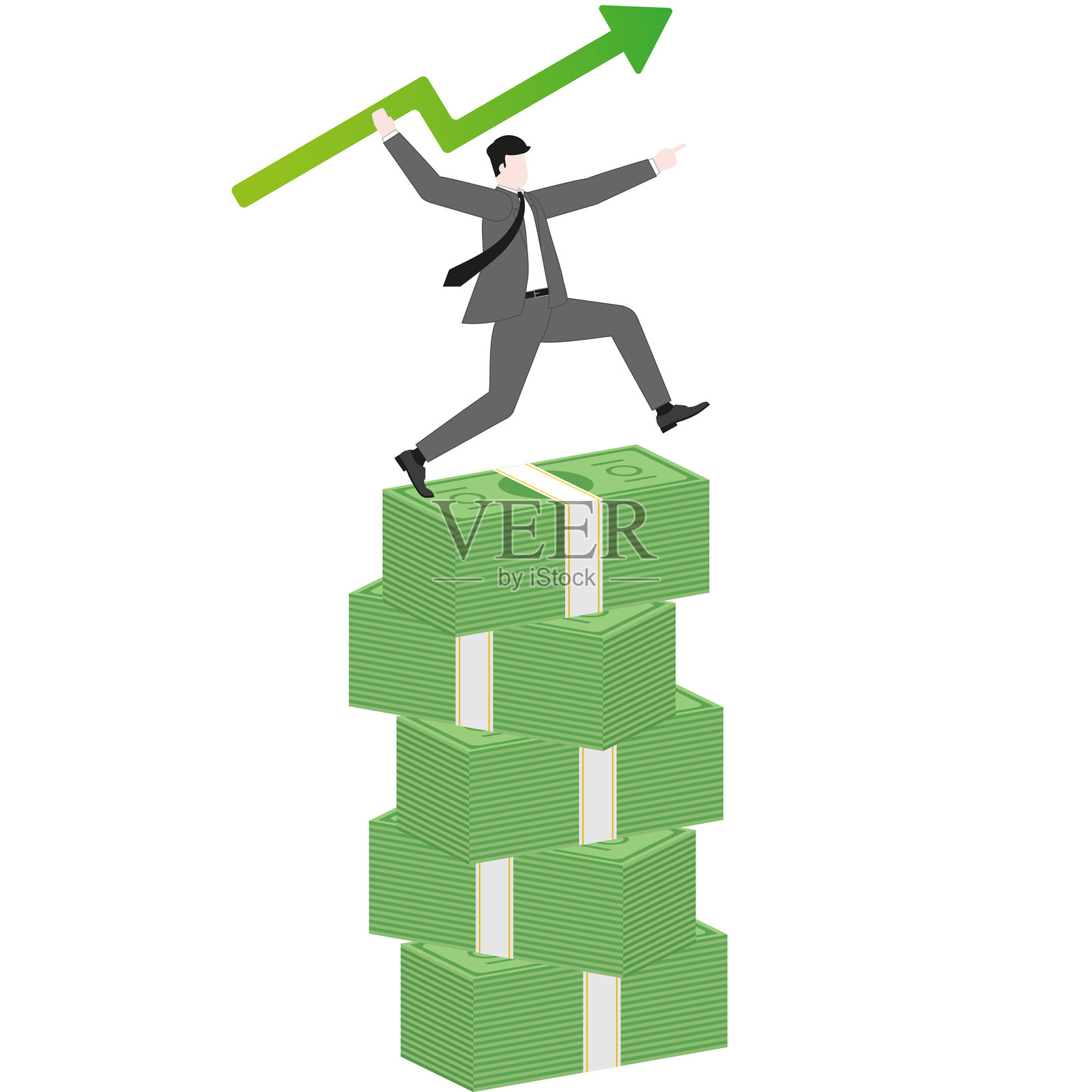 男商人将绿色箭投向一叠钞票，象征增长、投资和财务成功插画图片素材